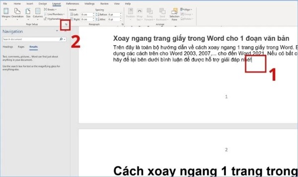 Đặt con trỏ chuột ở cuối trang trước trang cần xoay ngang