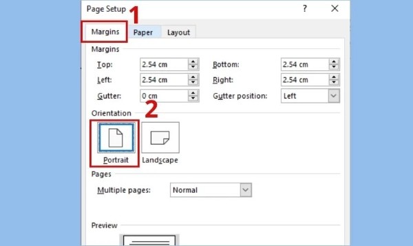 Chọn Portrait trong Page Setup để chuyển trang về dọc
