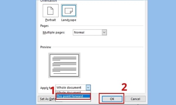 Chọn This point forward để chuyển trang về dọc